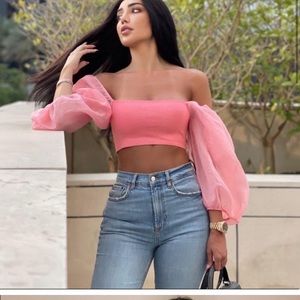 Zara pink bubble sleeve crop top